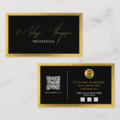Carte De Visite Code QR professionnel Black Gold Signature Script (Devant / Derrière)