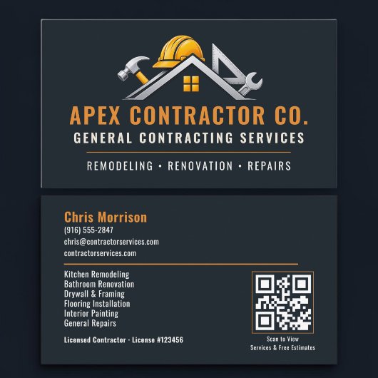 Carte De Visite Code QR professionnel de l'entrepreneur en constru