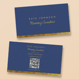 Carte De Visite Code QR professionnel de luxe Gold Navy Blue