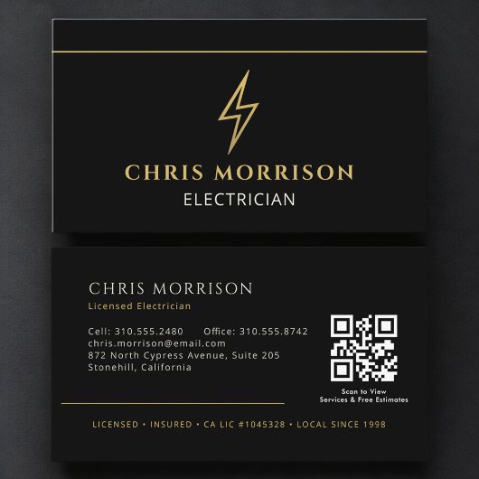 Carte De Visite Code QR professionnel d'électricien noir