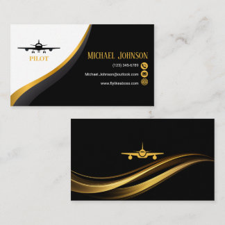 Carte De Visite Code QR professionnel Élégant Aviation Noir Or