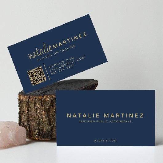 Carte De Visite Code QR Professionnel Élégant Bleu Et Or Script
