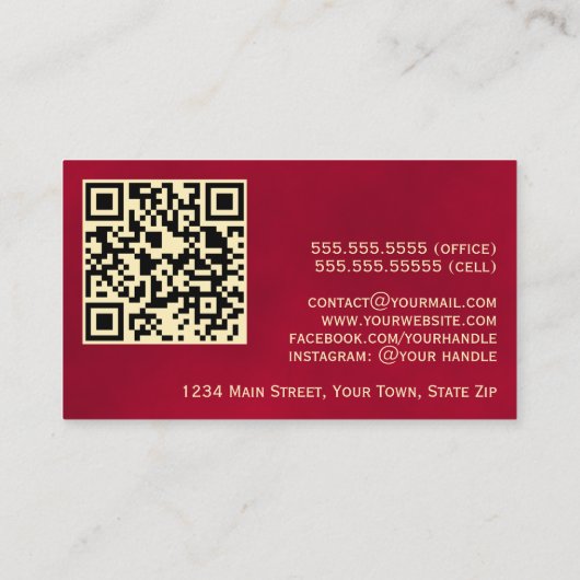 Carte De Visite Code QR professionnel élégant Crimson Red & Gold (Dos)
