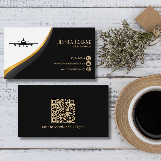 Carte De Visite Code QR Professionnel Élégant Noir Or Aviation