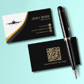 Carte De Visite Code QR Professionnel Élégant Noir Or Aviation