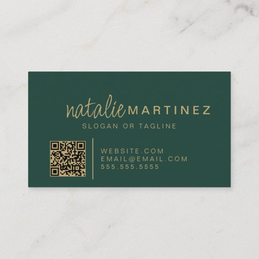 Carte De Visite Code QR professionnel Emerald Green Gold Script (Dos)