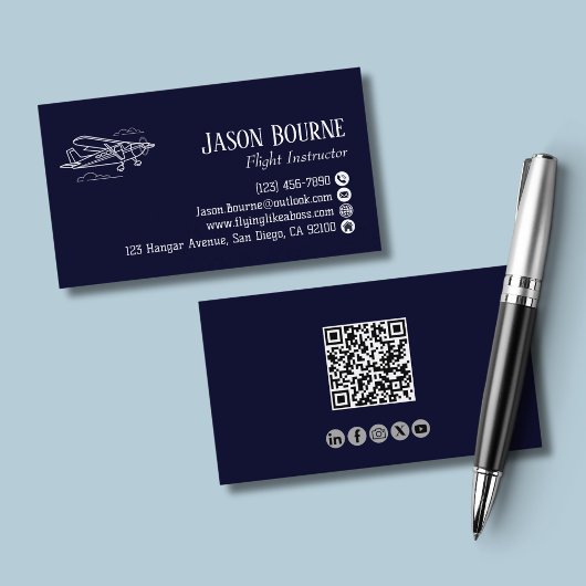 Carte De Visite Code QR professionnel employé de l'aviation bleu m