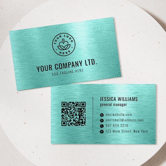 Carte De Visite Code QR Professionnel en Métal Brossé Sarcelle