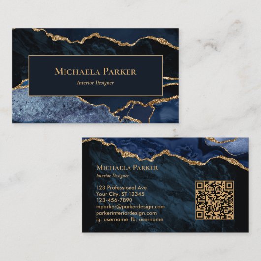 Carte De Visite Code QR professionnel Marine Blue Gold Agate (Devant / Derrière)