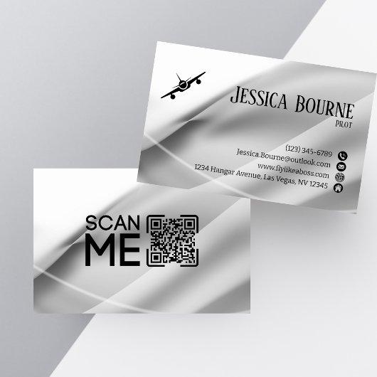 Carte De Visite Code QR professionnel minimal blanc argent pilote