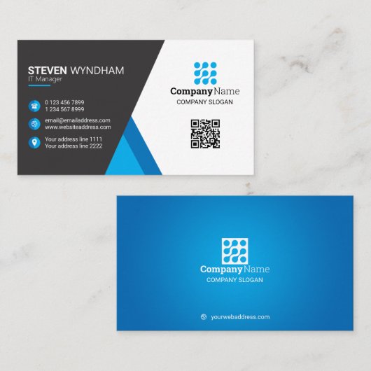 Carte De Visite Code QR professionnel moderne - bleu (Devant / Derrière)