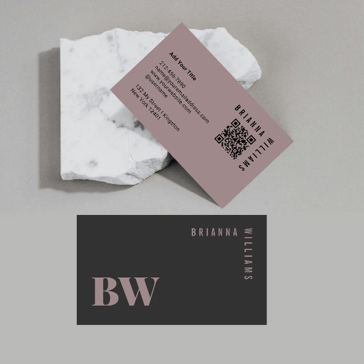 Carte De Visite Code QR Professionnel Monogramme Minimal Rose Gris