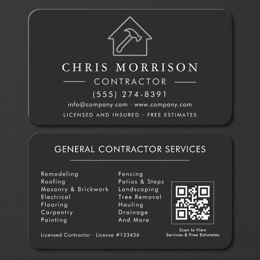 Carte De Visite Code QR professionnel noir et argent pour entrepre