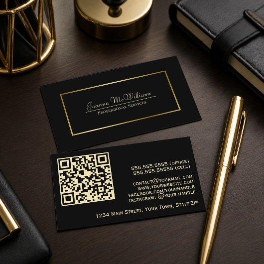 Carte De Visite Code QR professionnel noir et or élégant