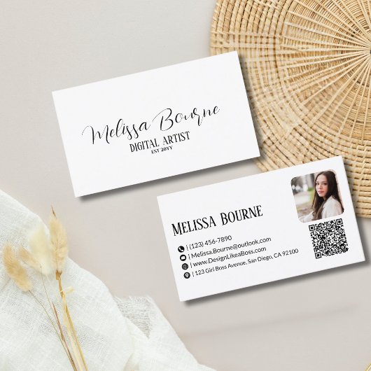 Carte De Visite Code QR professionnel & Photo, Noir & Blanc modern