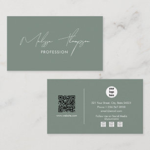 Carte De Visite Code QR professionnel Sage Green Signature Script