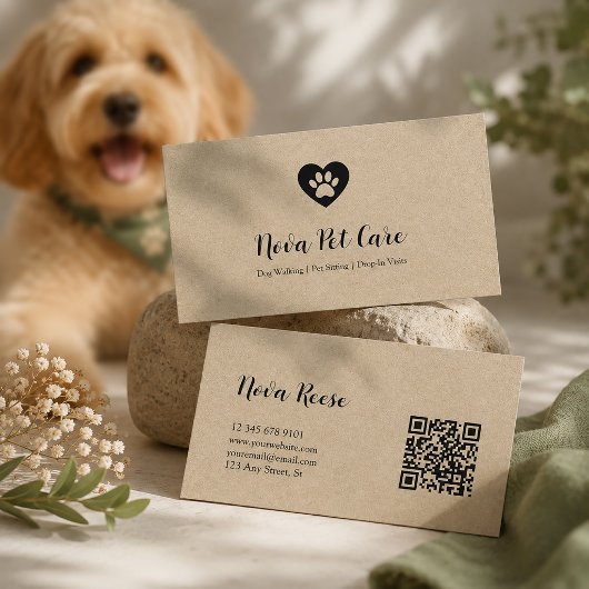 Carte De Visite Code Qr Promeneur de Chien Garde d'Animaux Rustiqu