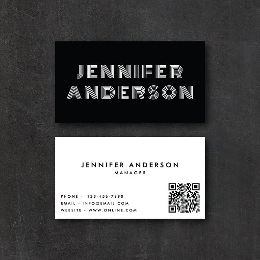 Carte De Visite Code QR rayé moderne noir et blanc