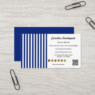 Carte De Visite Code QR rayures bleu marine blanc, icône des média