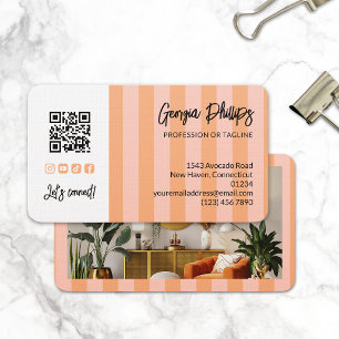 Carte De Visite Code QR rayures rose pêche Photo Médias Sociaux