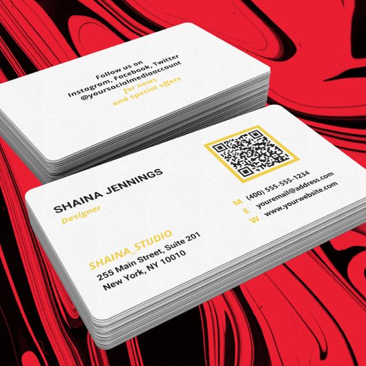 Carte De Visite Code QR Réseau Moderne Noir Jaune Blanc