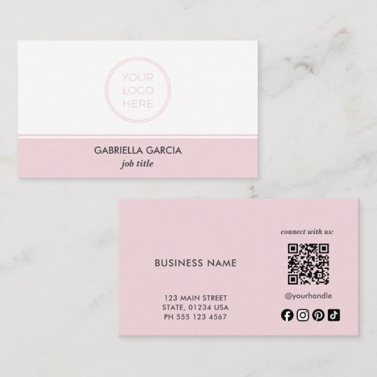Carte De Visite Code QR Réseaux Sociaux Logo Simple Rose (Devant / Derrière)