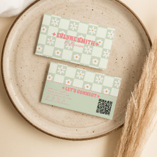 Carte De Visite Code QR Rétro à carreaux Groovy Floral Bohème Tend