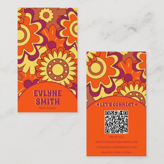 Carte De Visite Code QR rétro Super Floral tendance Boho Bold (Devant / Derrière)