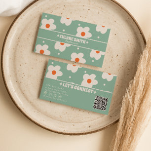 Carte De Visite Code QR Rétro Vert Groovy Floral Bohème Unique Amu
