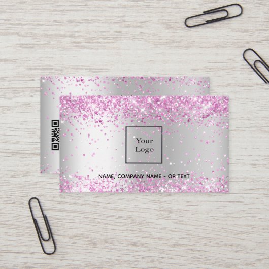 Carte De Visite Code QR rose argent (Devant/Arrière en situation)