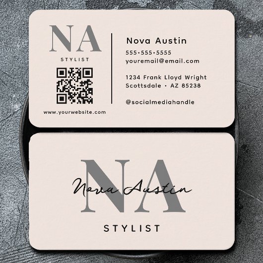 Carte De Visite Code QR Rose Blush Esthétique Luxe Monogramme