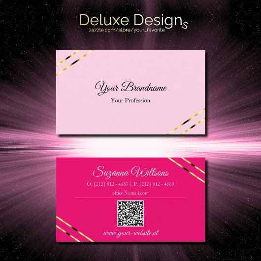 Carte De Visite Code QR rose clair et chaud avec lignes dorées