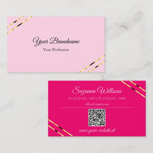 Carte De Visite Code QR rose clair et chaud avec lignes dorées (Devant / Derrière)
