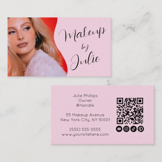 Carte De Visite Code QR rose clair, icône sociale et maquillage ph (Devant / Derrière)