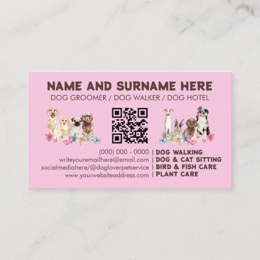 Carte De Visite Code QR rose élégant Chien toilettant (Dos)