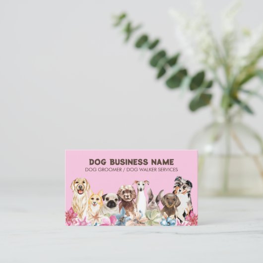 Carte De Visite Code QR rose élégant Chien toilettant (Debout devant)