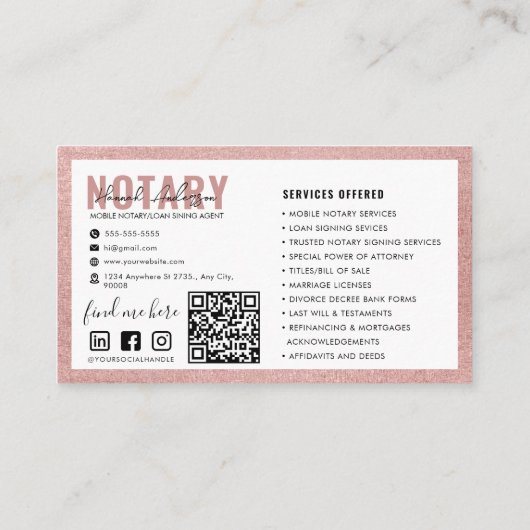 Carte De Visite Code QR | Rose moderne Gold Mobile Notaire Public (Dos)