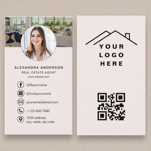 Carte De Visite Code QR Rose Pâle Logo Photo Agent Immobilier