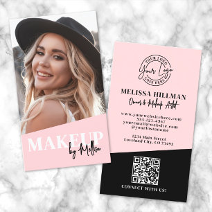 Carte De Visite Code QR Rose Pâle Logo Photo Maquillage Vertical