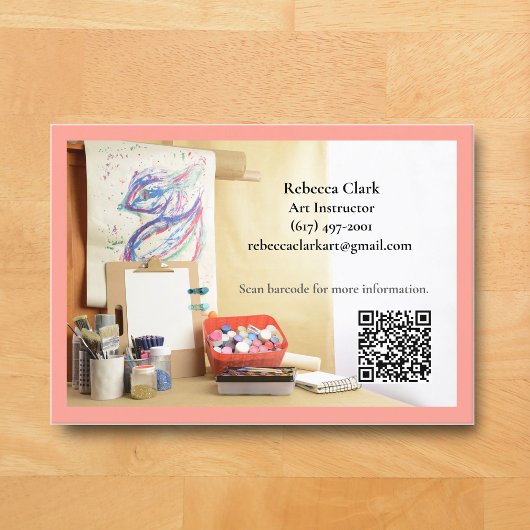 Carte De Visite Code QR Rose Peach Professeur d'Art Tuteur Cours d