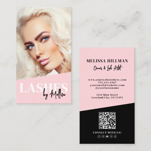 Carte De Visite Code QR Rose Photo Cils Vertical (Devant / Derrière)