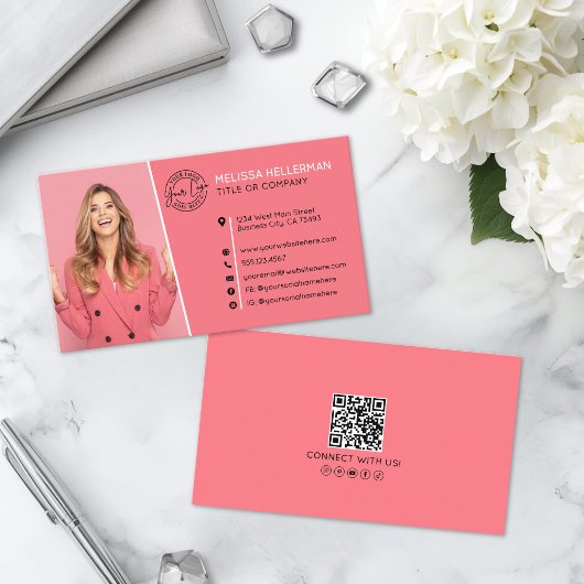 Carte De Visite Code QR Rose Professionnel Photo Votre Logo