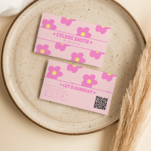 Carte De Visite Code QR Rose Rétro Groovy Floral Bohème Féminin Un