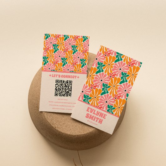 Carte De Visite Code QR rose rétro Super Floral tendance