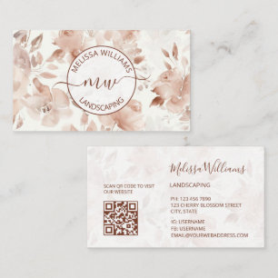 Carte De Visite Code QR   Roses aquarelle beige   Logo