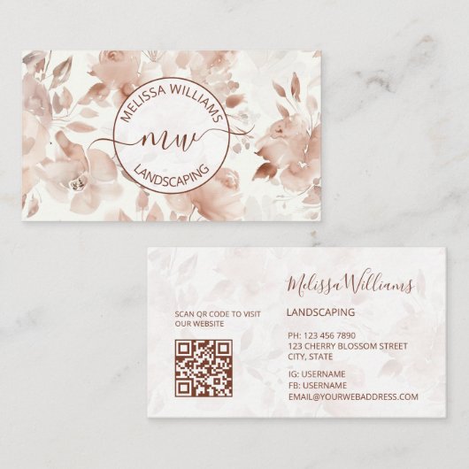 Carte De Visite Code QR | Roses aquarelle beige | Logo (Devant / Derrière)