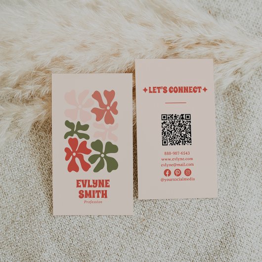 Carte De Visite Code QR rouge rouge rose rétro Super Boho floral