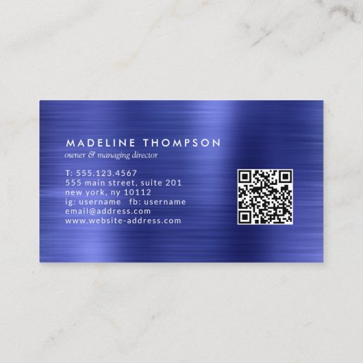 Carte De Visite Code QR Royal Bleu en métal brossé professionnel (Dos)