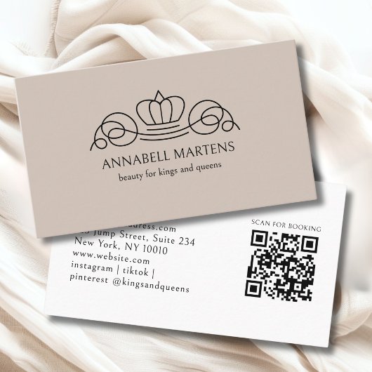 Carte De Visite Code QR Salon Couronne Élégante Brun Clair