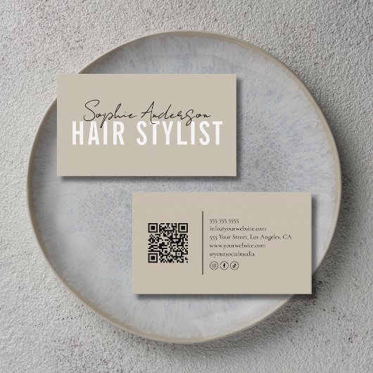 Carte De Visite Code QR Salon de Coiffure Beige